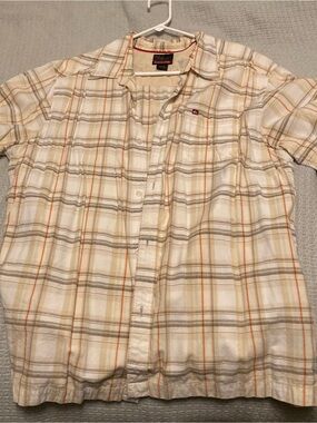 Quiksilver Men’s Cream and Orange Plaid Short-Sleeve Button-Down Shirt
